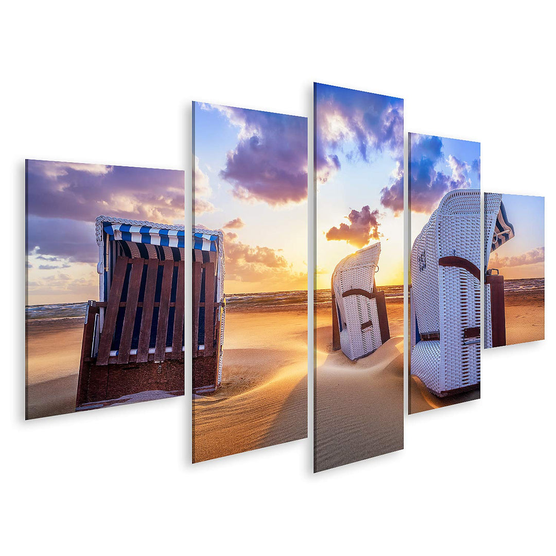 islandburner Bild auf Leinwand Strand Sonnenuntergang Ostsee Strandkörbe Bilder Wandbilder Poster Le