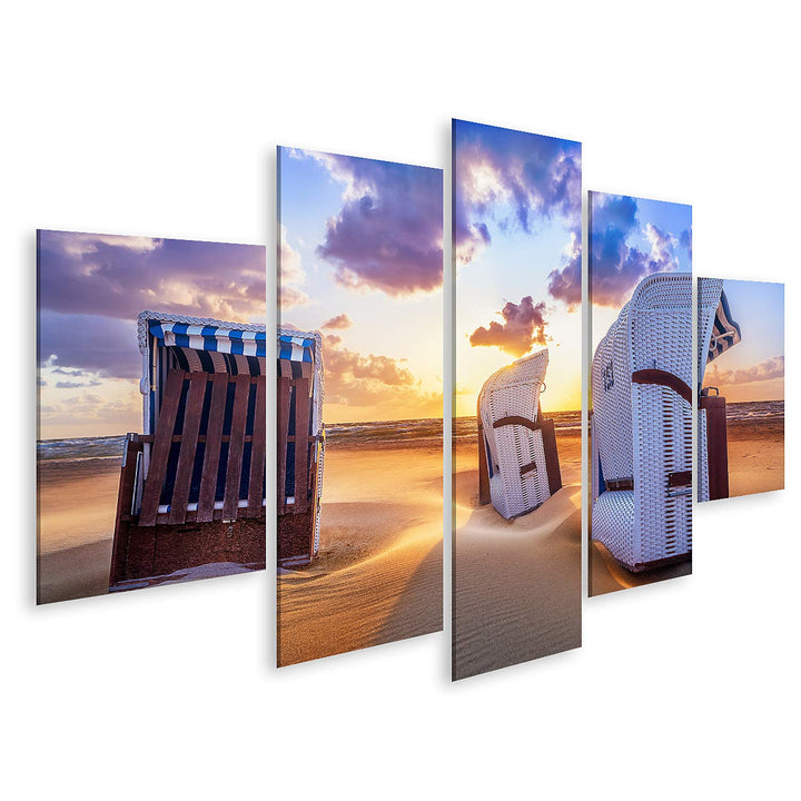 islandburner Bild auf Leinwand Strand Sonnenuntergang Ostsee Strandkörbe Bilder Wandbilder Poster Le