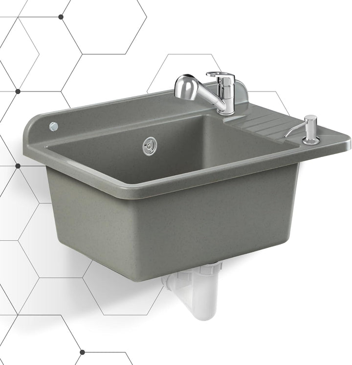 GOSPO Ausgussbecken aus Polypropylen, 50,5 x 34 x 26,5 cm, Spülbecken mit Armatur, Siphon, Seifenspe