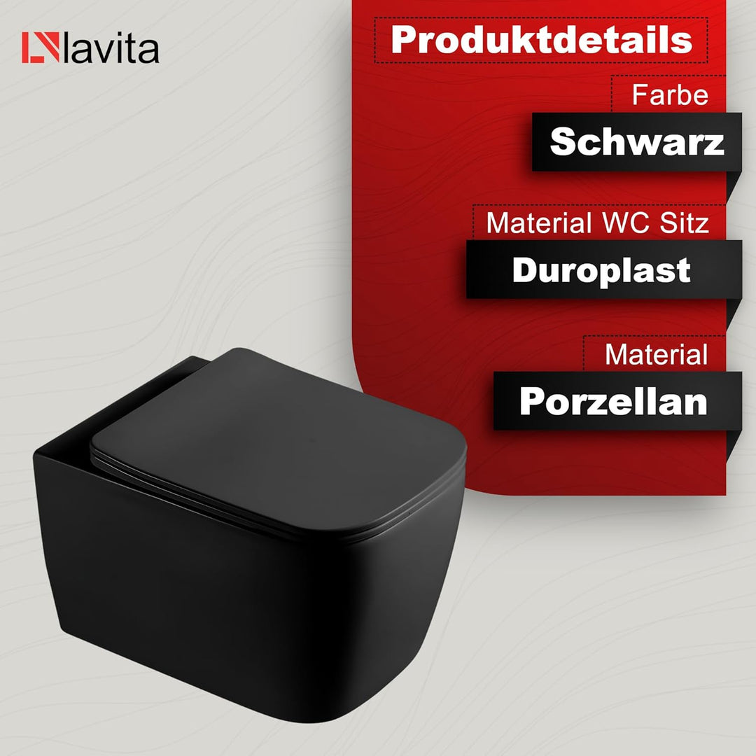 LAVITA Wand-WC Onil Black Hänge Toilette WC Sitz Toilettendeckel mit Absenkautomatik & Metallscharni