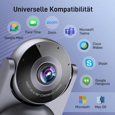 EMEET Videokonferenzkamera Meeting Capsule mit 1080P 360 Webcam 8 Mikrofonen Hi-Fi Lautsprecher, KI-