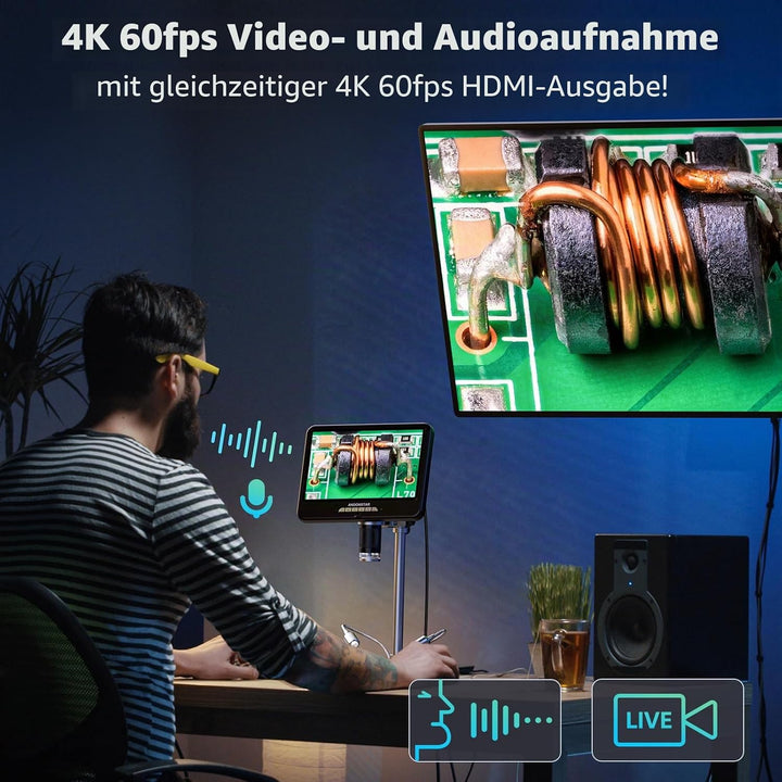 Andonstar 4K 60FPS 10,1 Zoll HDMI Digitalmikroskop zum Löten, 64MP 3840P UHD Video Audio Aufnahme, A