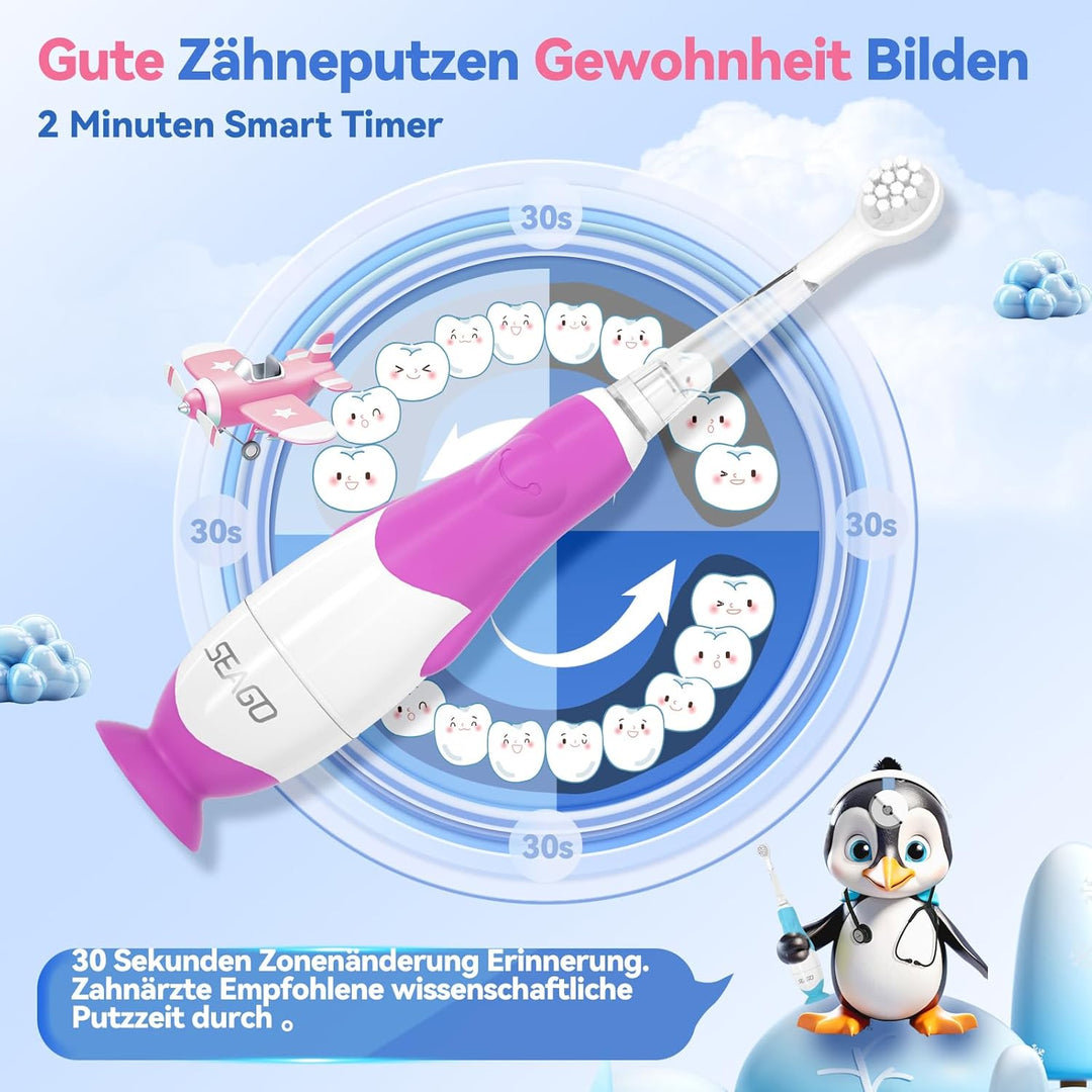 Seago Elektrische Zahnbürste Kinder ab 0-3 Jahr mit LED Licht, Weichen BPA-freiem Runder Gummierte B