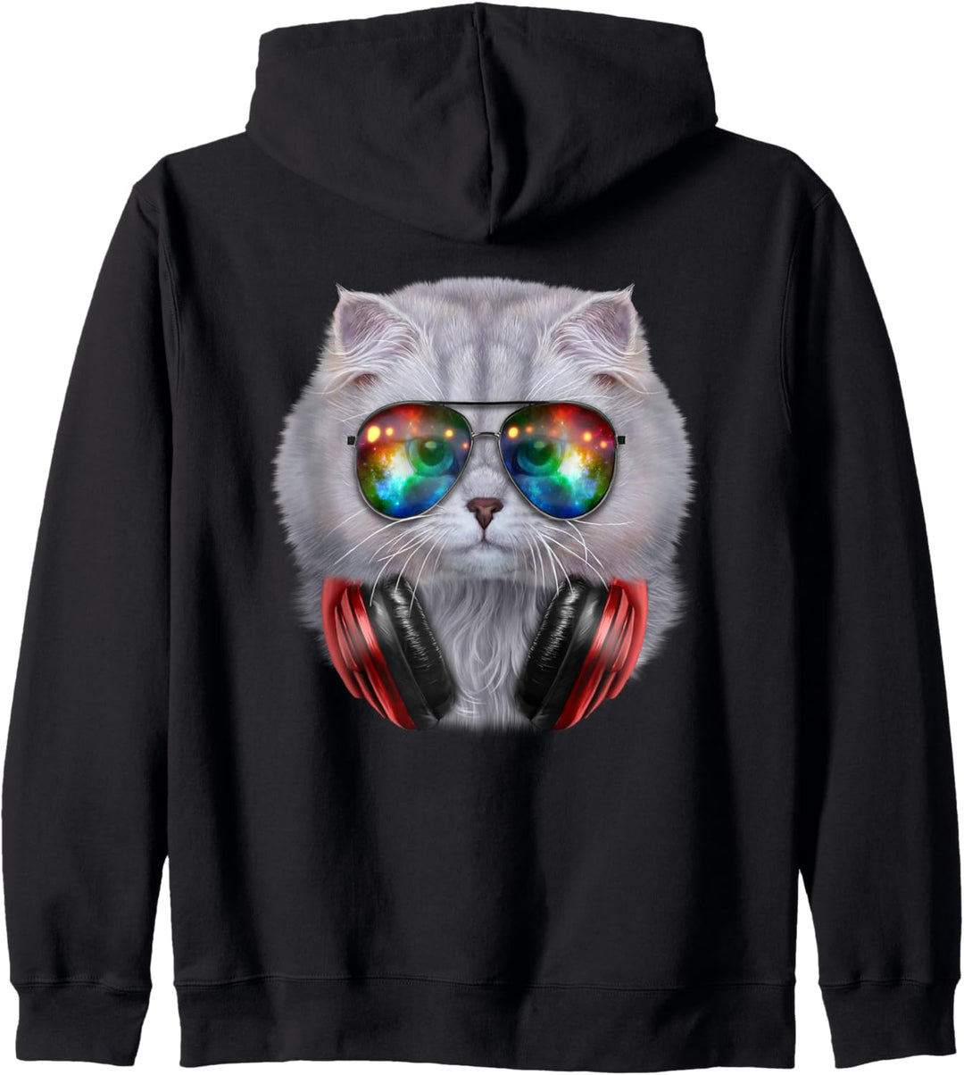Weisse Katze, die Raumsonnenbrille und Kopfhörer trägt Kapuzenjacke