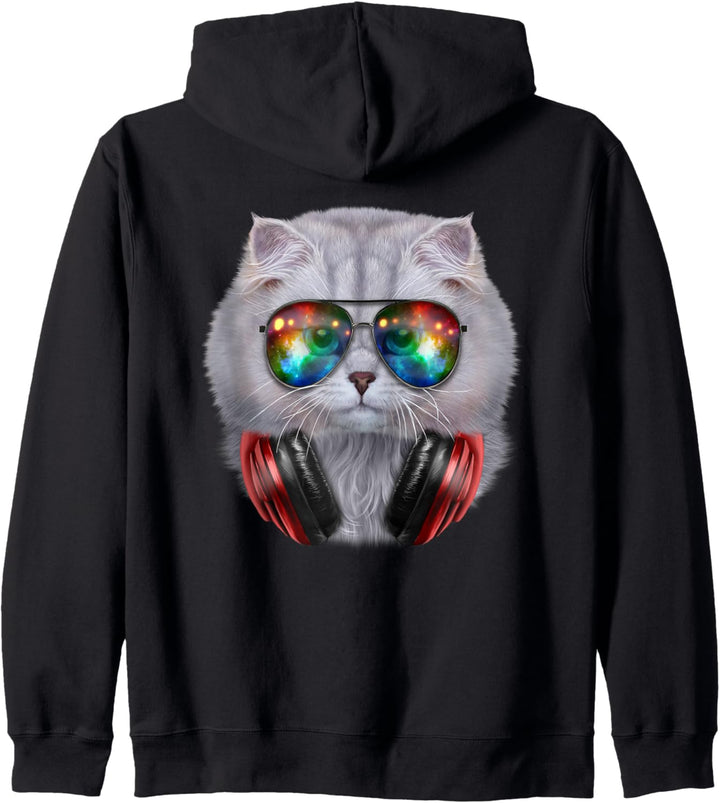 Weisse Katze, die Raumsonnenbrille und Kopfhörer trägt Kapuzenjacke
