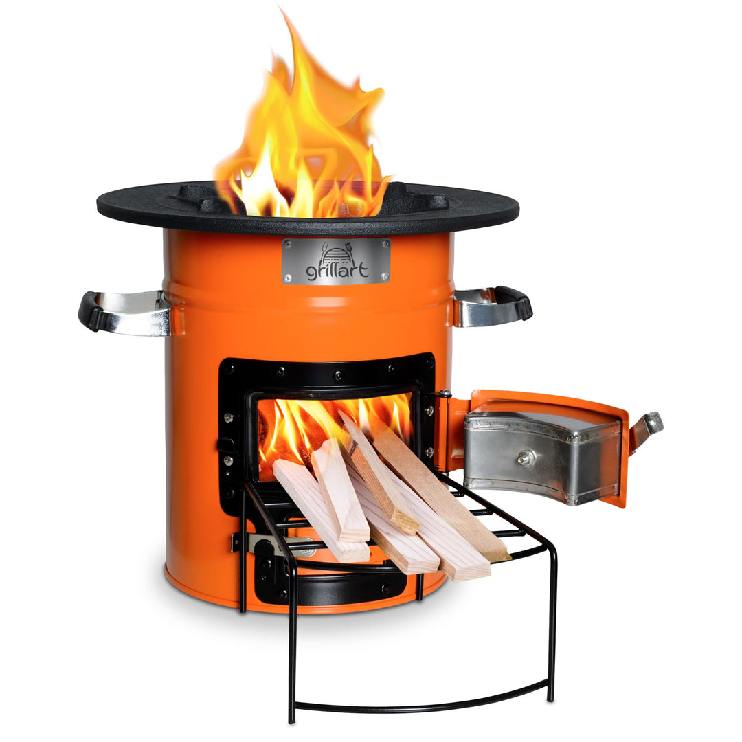 grillart® Raketenofen Outdoor “Powertrain” orange – effizienter Holzofen als Campingkocher für Dutch