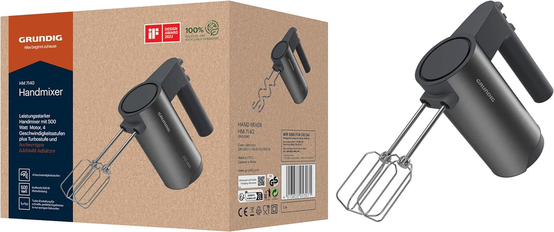 Grundig Delisia Novus™ HM 7140 Handmixer, 500 W Leistung, 4 Geschwindigkeitsstufen + Turbostufe, Hoc
