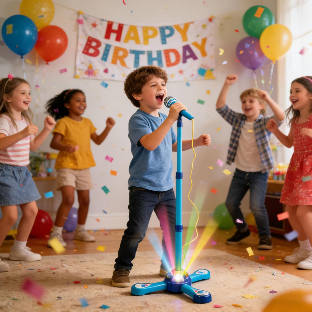 Kindermikrofon mit Ständer, integrierter Musik, bunten Lichtern, Echoeffekten, tragbare Karaoke-Masc