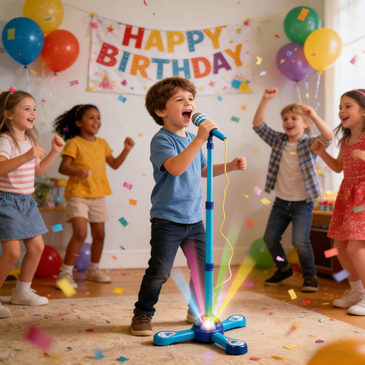Kindermikrofon mit Ständer, integrierter Musik, bunten Lichtern, Echoeffekten, tragbare Karaoke-Masc