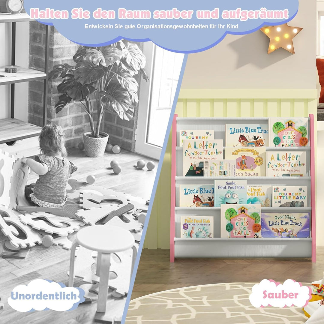 Bücherregal Kinder, Kinderregal mit 4 Stofffächern Kinderzimmer Regal 4 Ebenen Bücher-Organizer, 60x