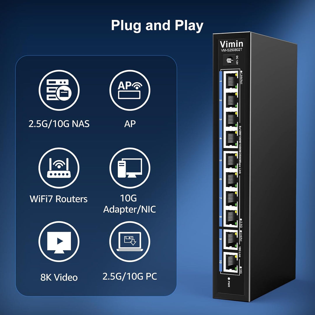10 Port 10G/2.5G Ethernet-Switch mit Dual 10GBASE-T, Vimin 8x 2.5G + 2 x 10Gb RJ45 Ports Unmanaged S