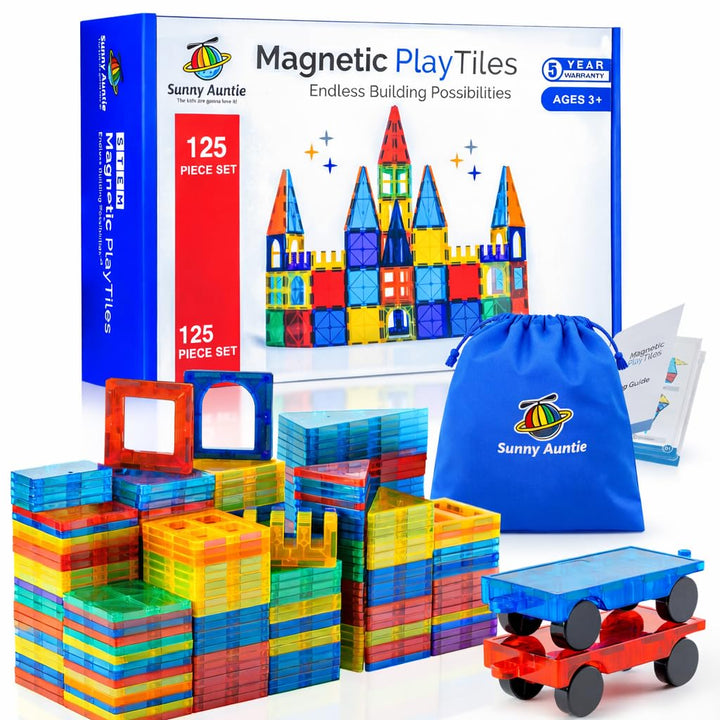 Sunny Auntie Magnetische Spielsteine, 125 Stück + 4 Figuren + Bonus-Etui mit Reissverschluss, magnet