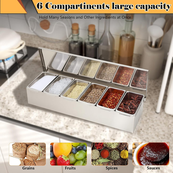 Zutatenbehälter Edelstahl Beilagenbehälter mit 6 Einsätzen und Deckel, Zutatenbox Gewürzboxen Gastro