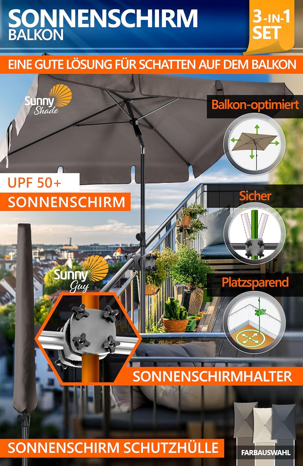 4smile Sonnenschirm Balkon SunnyShade - Sonnenschutz Balkon 3-in-1 SET, UPF 50+ Sonnenschirm rechtec