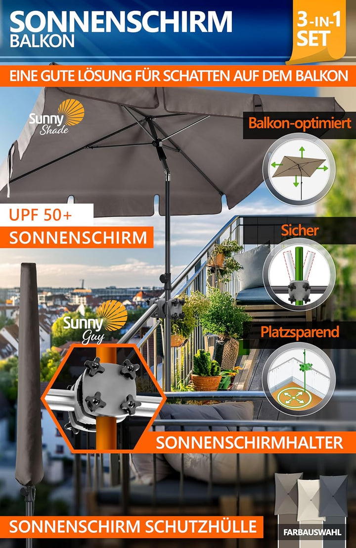 4smile Sonnenschirm Balkon SunnyShade - Sonnenschutz Balkon 3-in-1 SET, UPF 50+ Sonnenschirm rechtec
