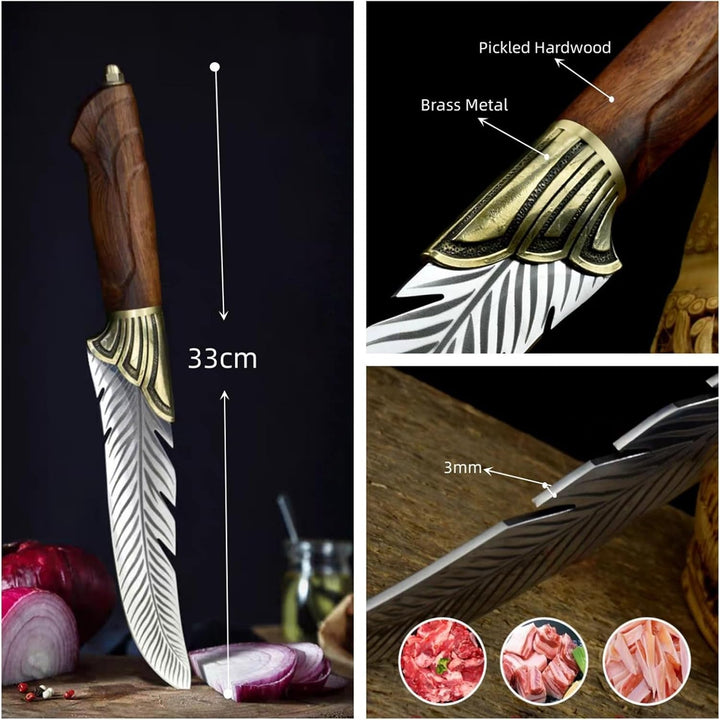 Profi Kochmesser Küchenmesser Scharf 22cm+12cm Handgeschmiedetes Ausbeinmesser mit Lederscheide und
