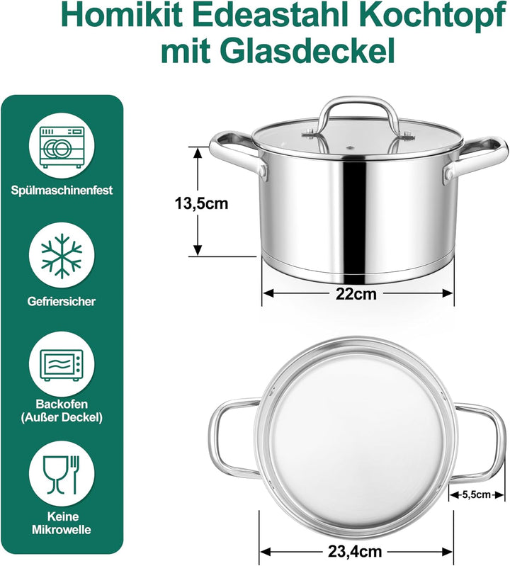 Homikit Kochtopf, 22cm Edeastahl Topf Nudeltopf Induktion 4,7L, Suppentopf mit Glasdeckel & 3-Lagen
