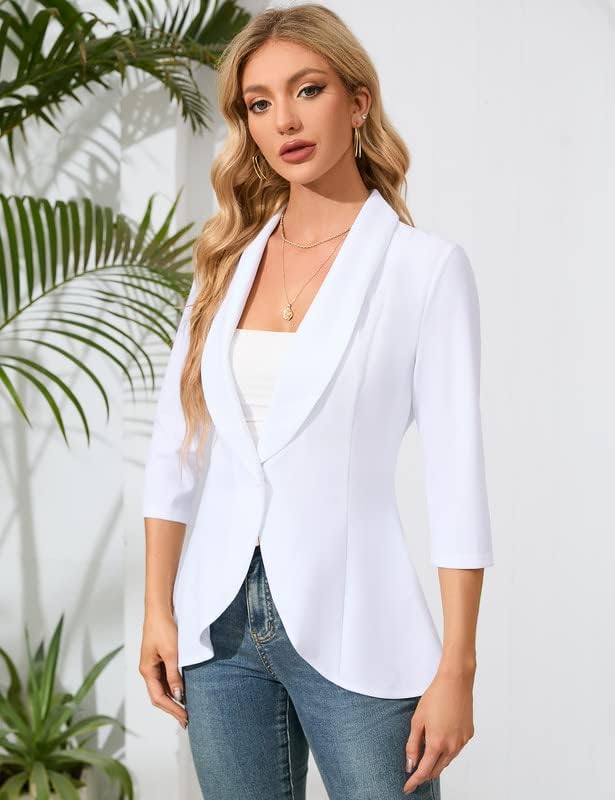 Business Jersey Blazer Damen Elegant Sportlich Taillierter Blazer 3/4 Ärmel Damen Gehrock, M Wei&#xD