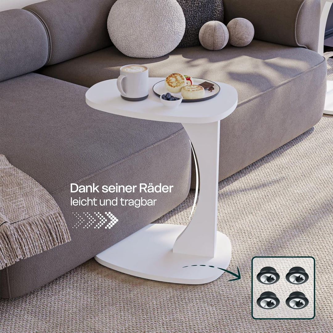 Beistelltisch Couch mit Rollen, Kleiner Beistelltisch C-Form, Sofatisch in stylischem Weiss, Kleiner