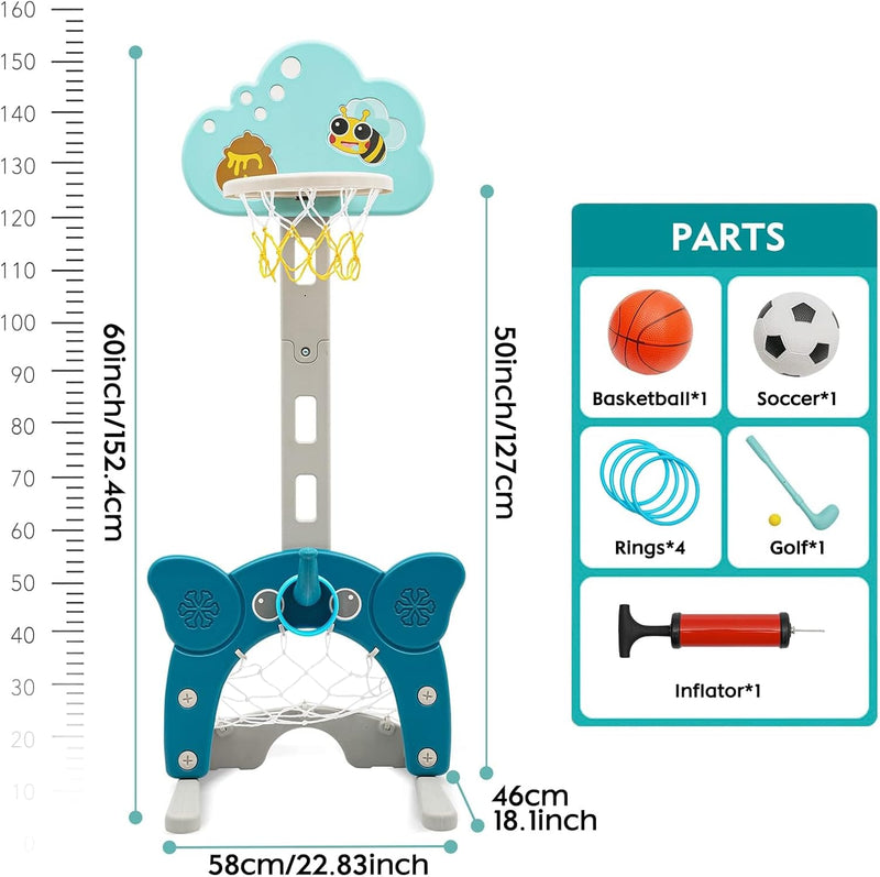 Kinder Basketballständer Höhenverstellbar|4 in 1 Höhenverstellbarer Basketballständer,Fussballtor Ri
