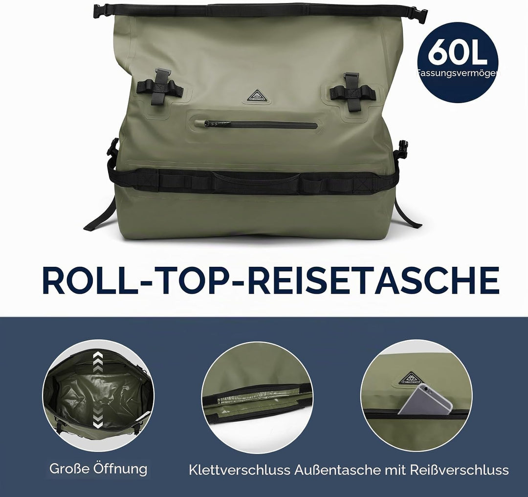 Haimont wasserdichte Sporttasche, 60 l, für Damen und Herren, strapazierfähig, Roll-Top-Trockentasch