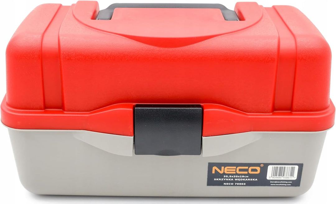 NECO Angelbox Rot mit 2 Schubladen – Tackle Box 35,5x20x19 cm | Angelkoffer mit Fächern für Köder, H