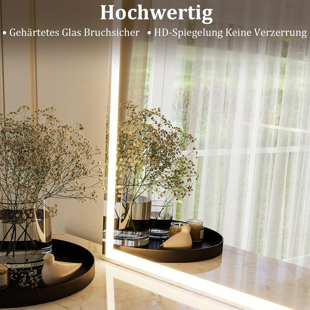 Koonmi LED Badspiegel 75 x 50 cm, dimmbar, Antibeschlag | Gewölbter Lichtspiegel mit 3 Lichtfarben,