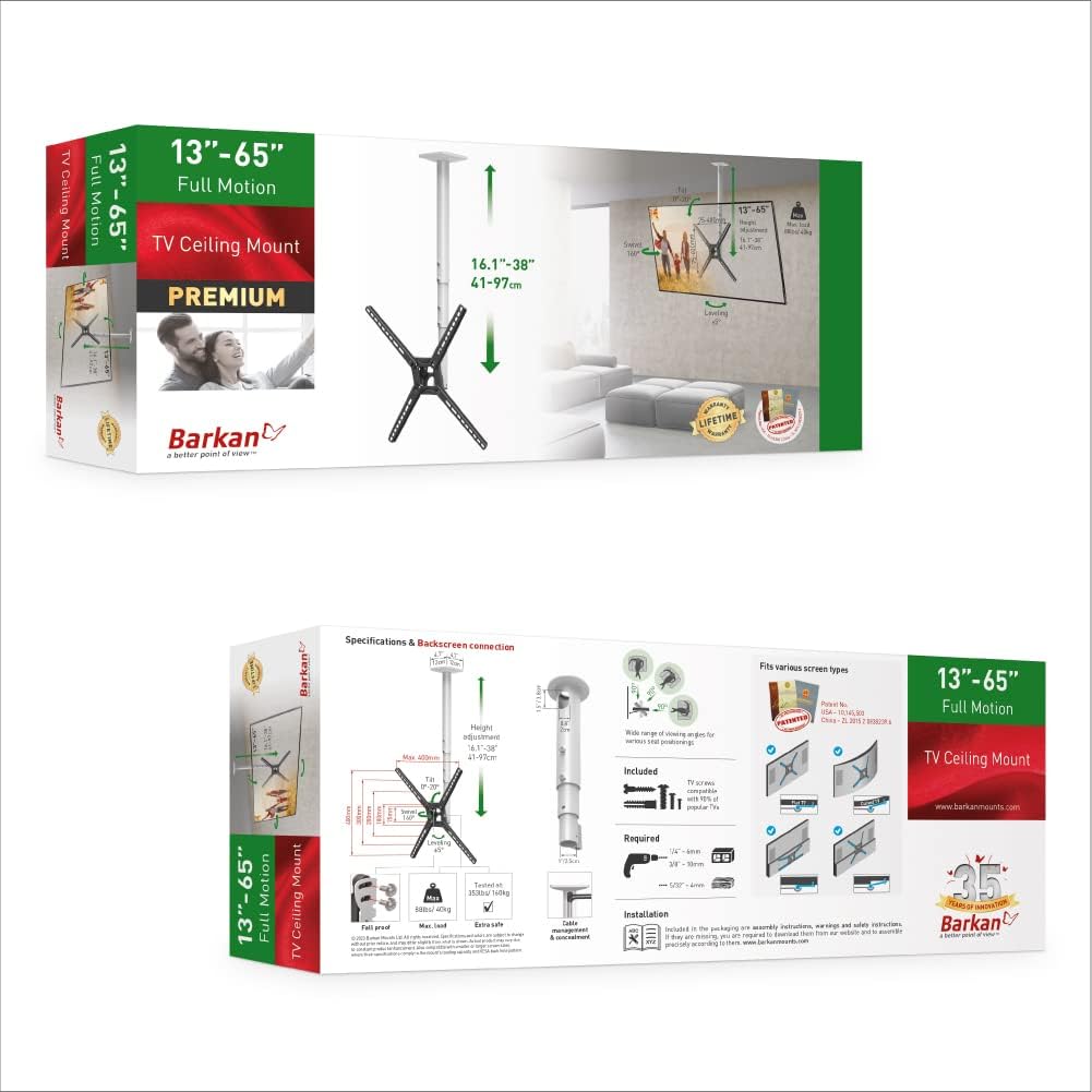 Barkan lange Weiss TV Deckenhalterung, 29 - 65 Zoll Neigbar / Vollbewegung flach & curved Fernseher