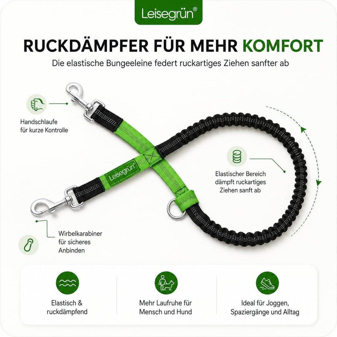 Leisegrün Joggingleine für mittelgrosse Hunde bis 25 kg – Freihand-Hundeleine mit verstellbarem Bauc
