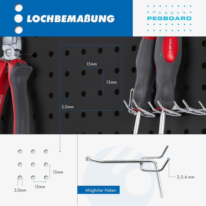 Peggy´s PEGBOARD Mini Lochwand aus Holz (MDF) 50 x 40 x 0,3 cm - Lochung Ø5 mm Abstand 15 mm - schwa