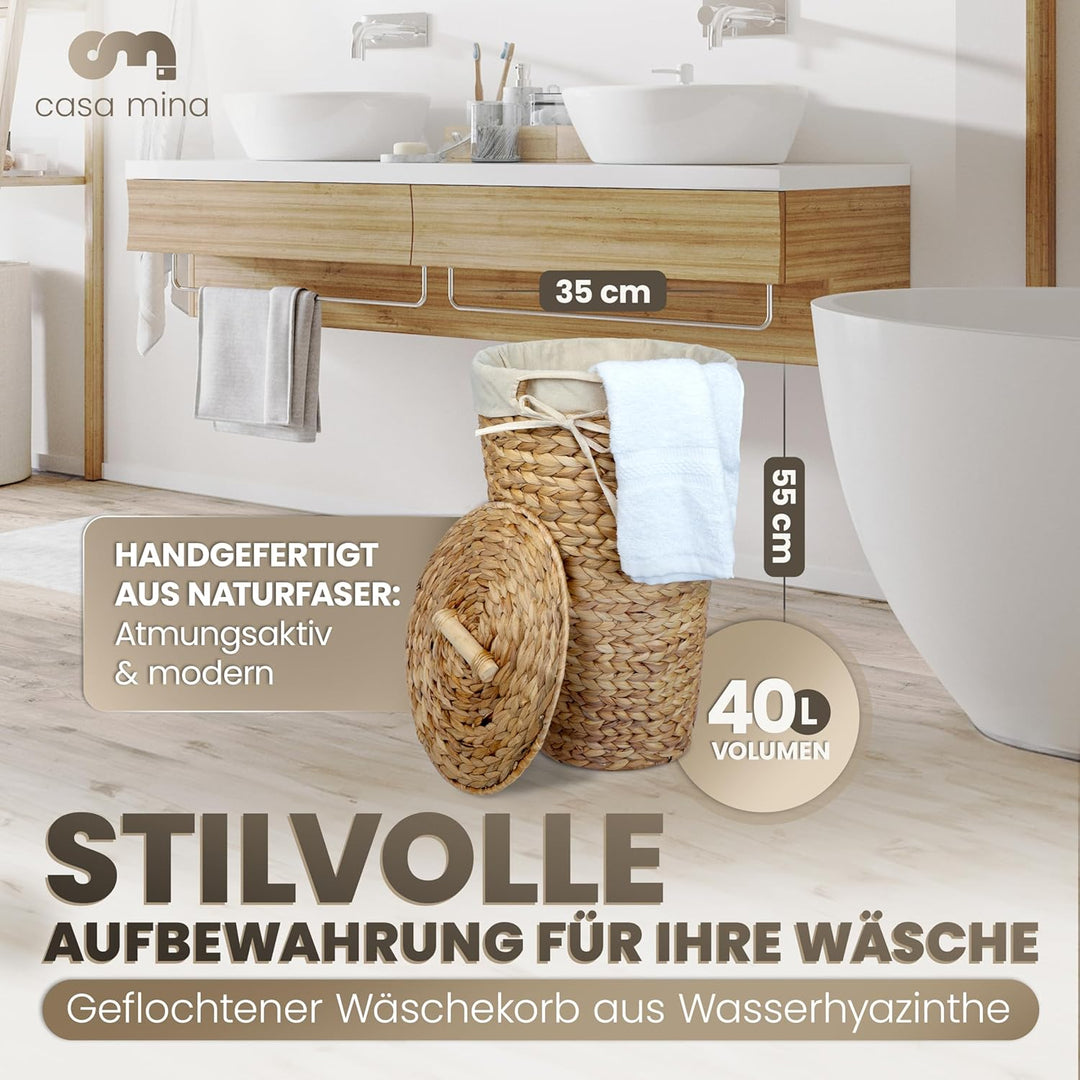 Casa Mina® Wäschekorb mit Deckel D35 x H55cm hoch I Atmungsaktiver Wäschekorb geflochten aus 100% Na