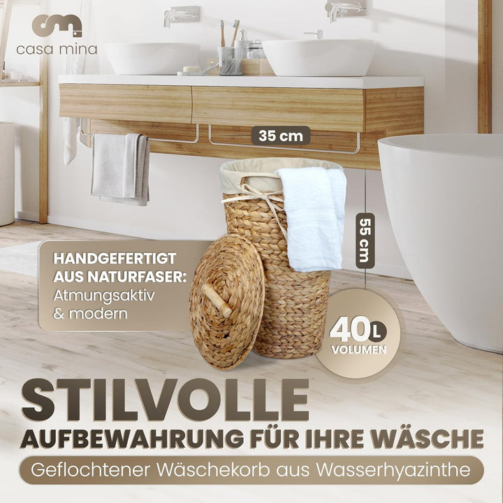Casa Mina® Wäschekorb mit Deckel D35 x H55cm hoch I Atmungsaktiver Wäschekorb geflochten aus 100% Na