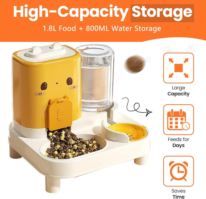 Wasserspender Futterspender für Katze und Hund, 2-In-1 Automatischer Trockenfutterspender, Automátic