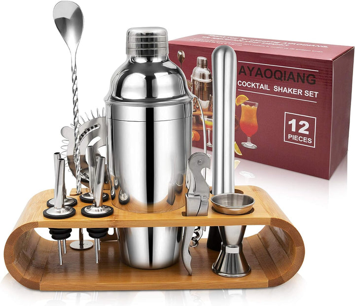 Cocktail Set, Edelstahl Cocktail Shaker Bar Set, 12 Stück Cocktailmixer Set mit Holzständer, Messbec