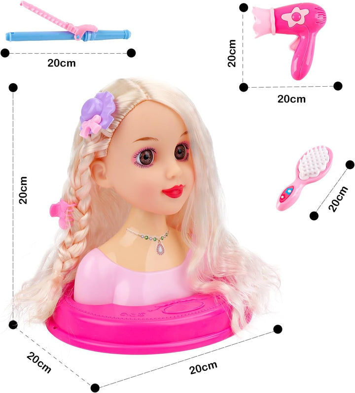 deAO Schminkpuppe Frisierkopf für Kinder, Frisierkopfpuppe mit Haartrockner Frisierpuppenkopf für Pr
