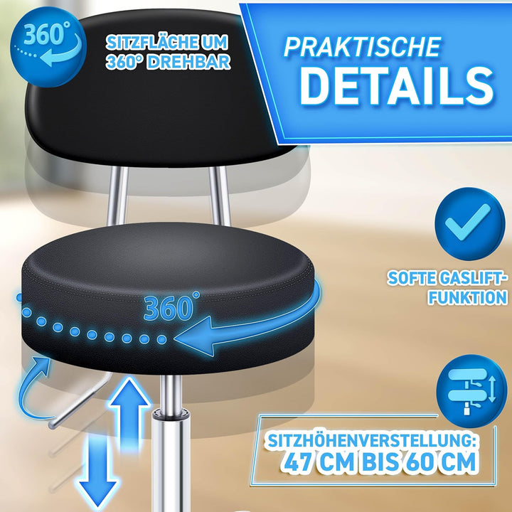 TRESKO® Rollhocker mit Lehne Schwarz | Arbeitshocker höhenverstellbar 46-58 cm | Drehhocker mit Roll