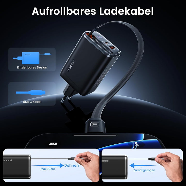 toocki USB C Ladegerät, 3Port GaN Mehrfach Ladegerät mit Schnell Einziehbares Ladekabel,67W USB C Ne