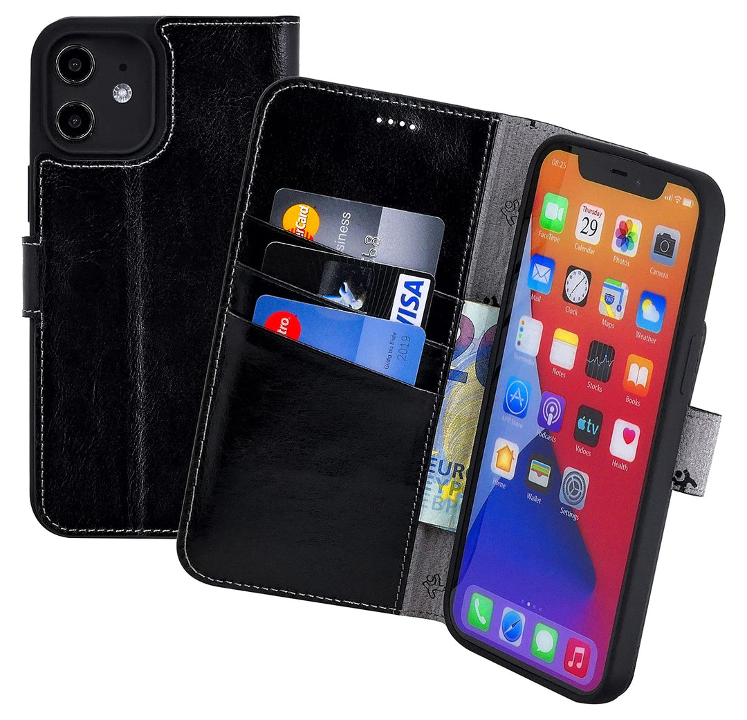 Suncase Book-Style Hülle kompatibel mit iPhone 12 (6.1") Leder Tasche (Slim-Fit) Lederhülle Handytas