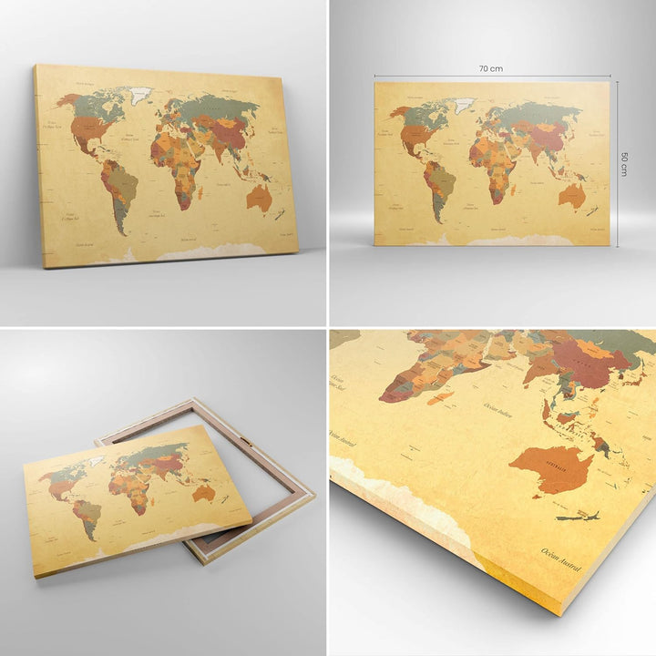 Bilder auf Leinwand Karte Welt Land Leinwandbild mit Rahmen 70x50cm Wandbilder Dekoration Wohnzimmer