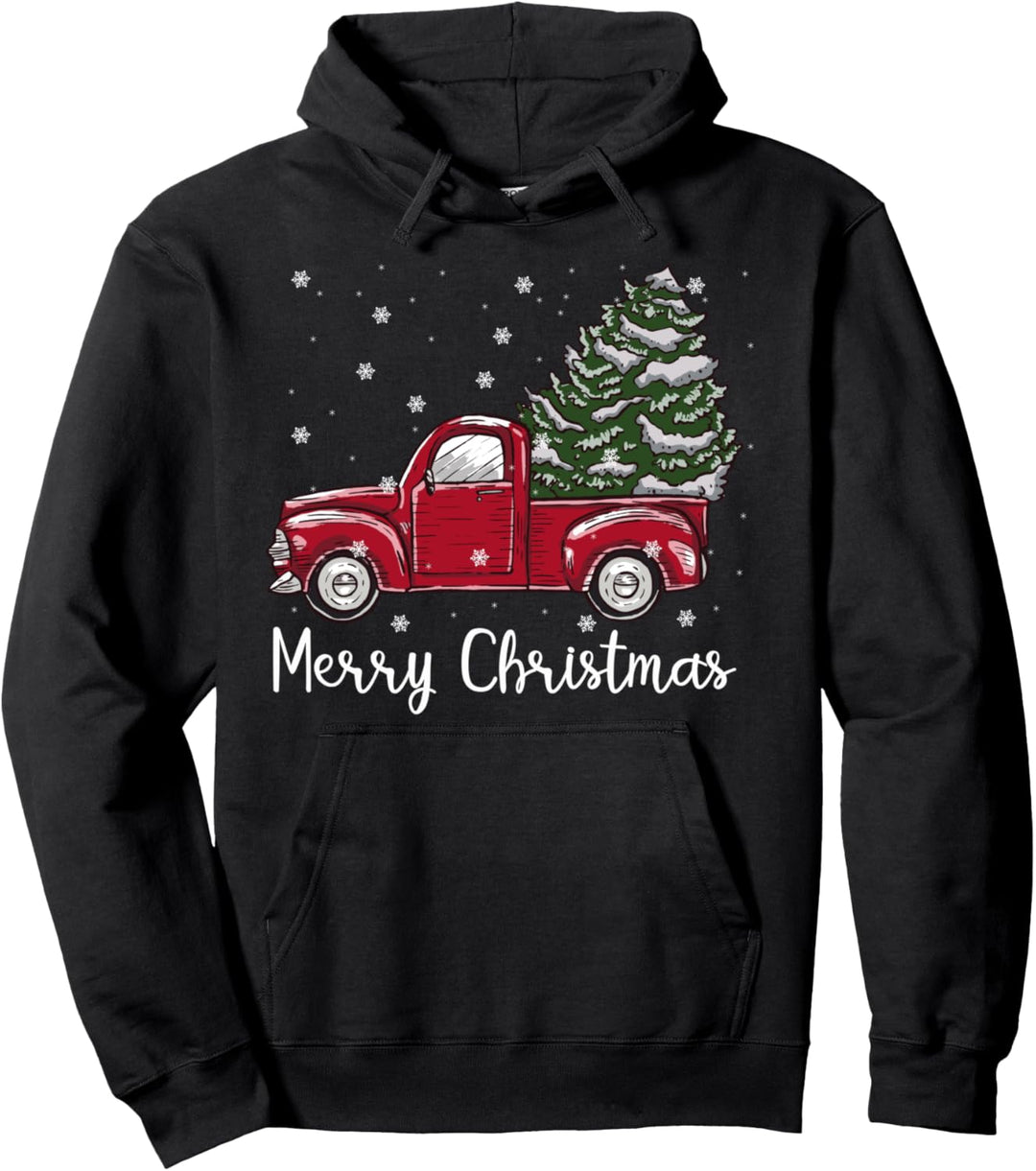 Merry Christmas Red Pickup Truck Weihnachtsbaum Vintage Outfit Pullover Hoodie