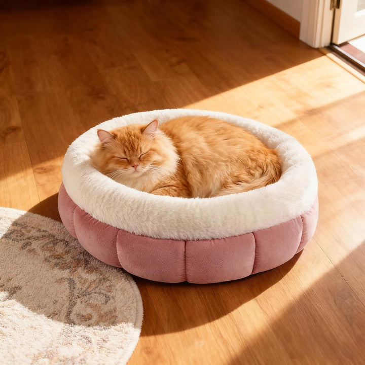 EDMIENS Katzenbett Klein, Katzenbett Flauschig Waschbar, Katzen Bett Indoor, Katzenkissen Rosa, Rund