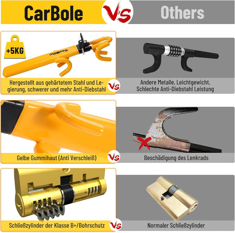 CarBole Lenkradkralle für Auto,Lenkradschloss mit 2 Schlüsseln,Anti-Diebstahl Fahrzeug Sicherheitsvo