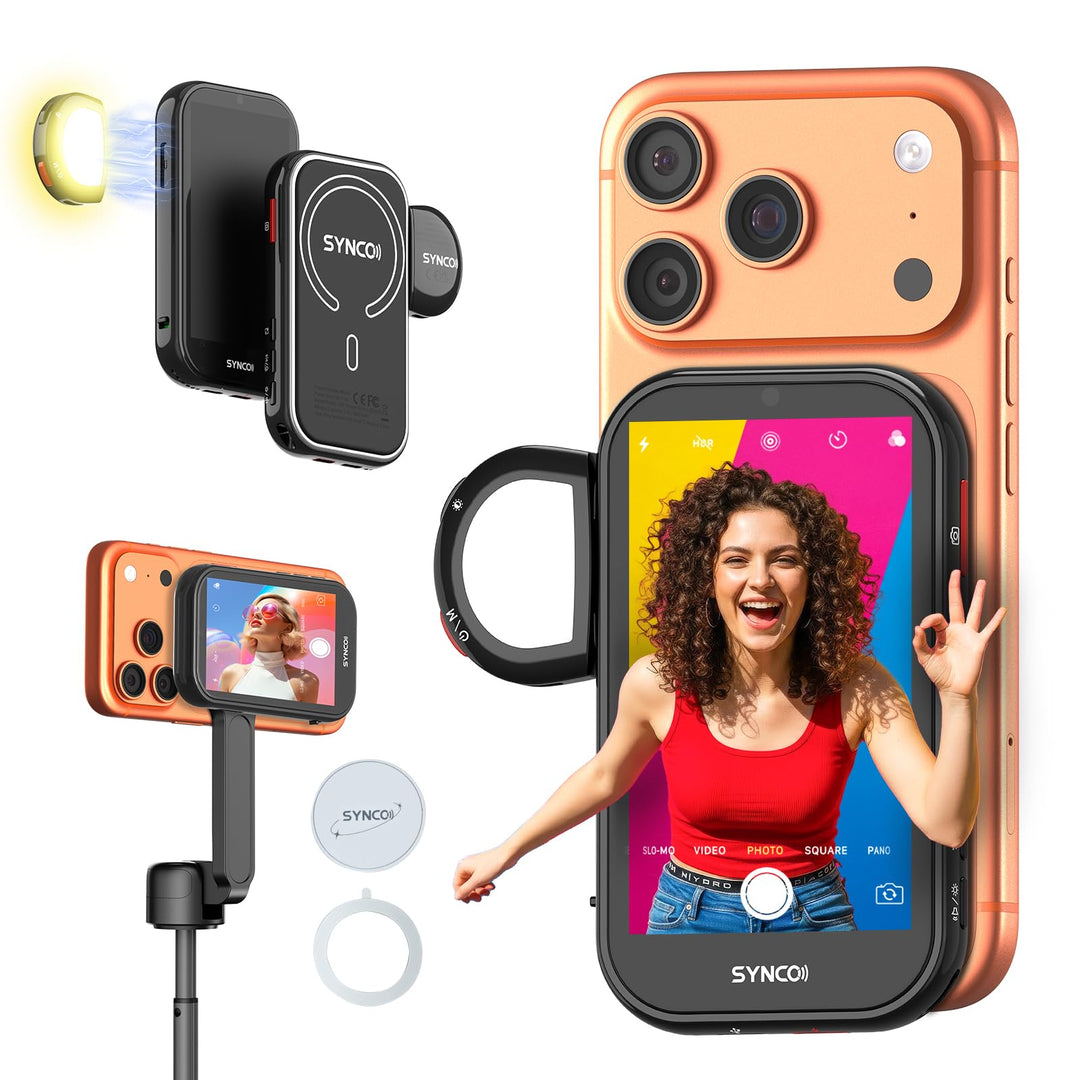 SYNCO XView M4 AI Handy Selfie Monitor mit Licht für iPhone 7-17 (Schwarz) | KI-Gestensteuerung, 4K