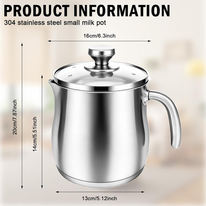 14cm Milchtopf Induktion mit Glasdeckel, 2L 304 Edelstahltopf mit Griff Dampfloch und Ausgiesser, Dr