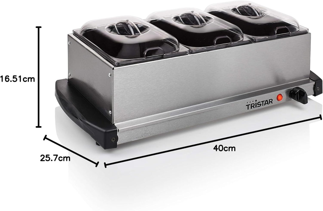 Tristar Edelstahl Buffetwärmer - mit einstellbarem Thermostat, 3 x 1,5L Buffetbehälter, als Heizplat