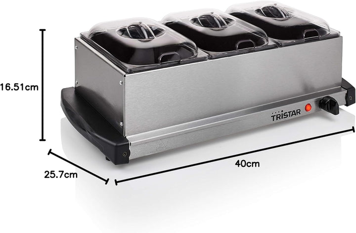 Tristar Edelstahl Buffetwärmer - mit einstellbarem Thermostat, 3 x 1,5L Buffetbehälter, als Heizplat