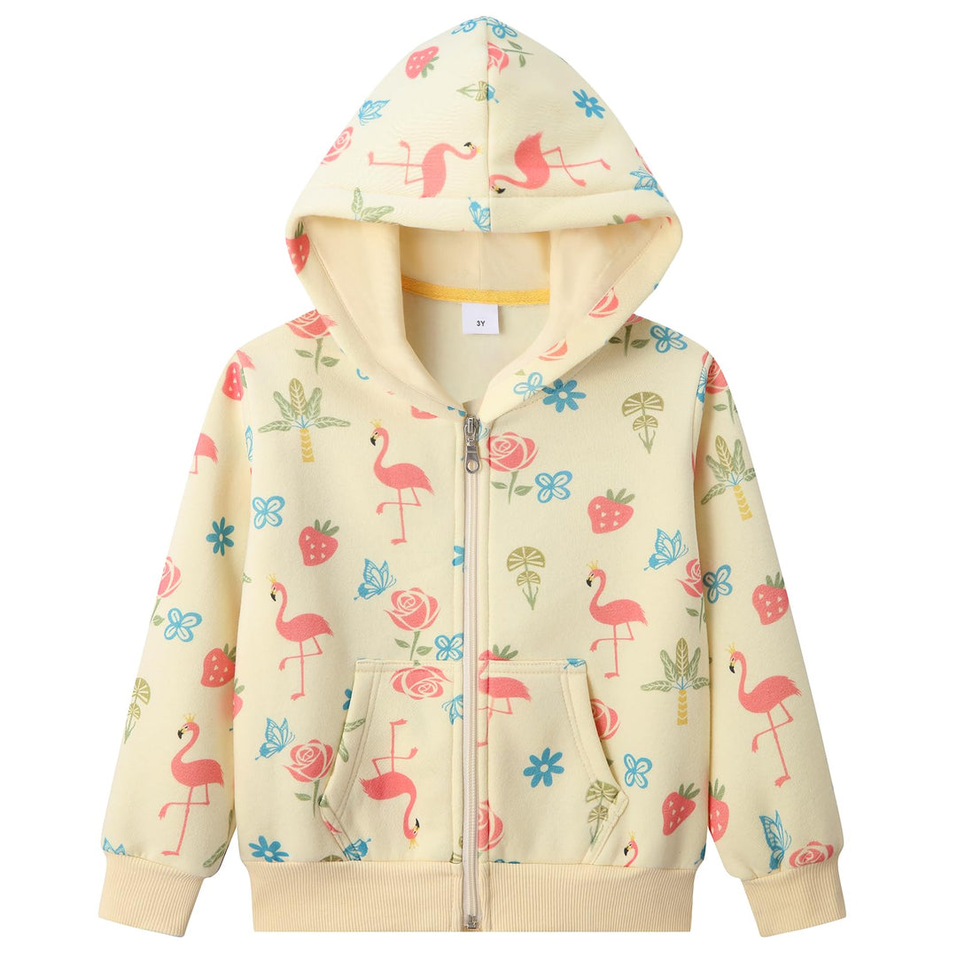 Madchen Hoodie, Tropische Pflanzen- und Tierthemen Allover-Print Blumenmuster Fleece Kapuzenpullover