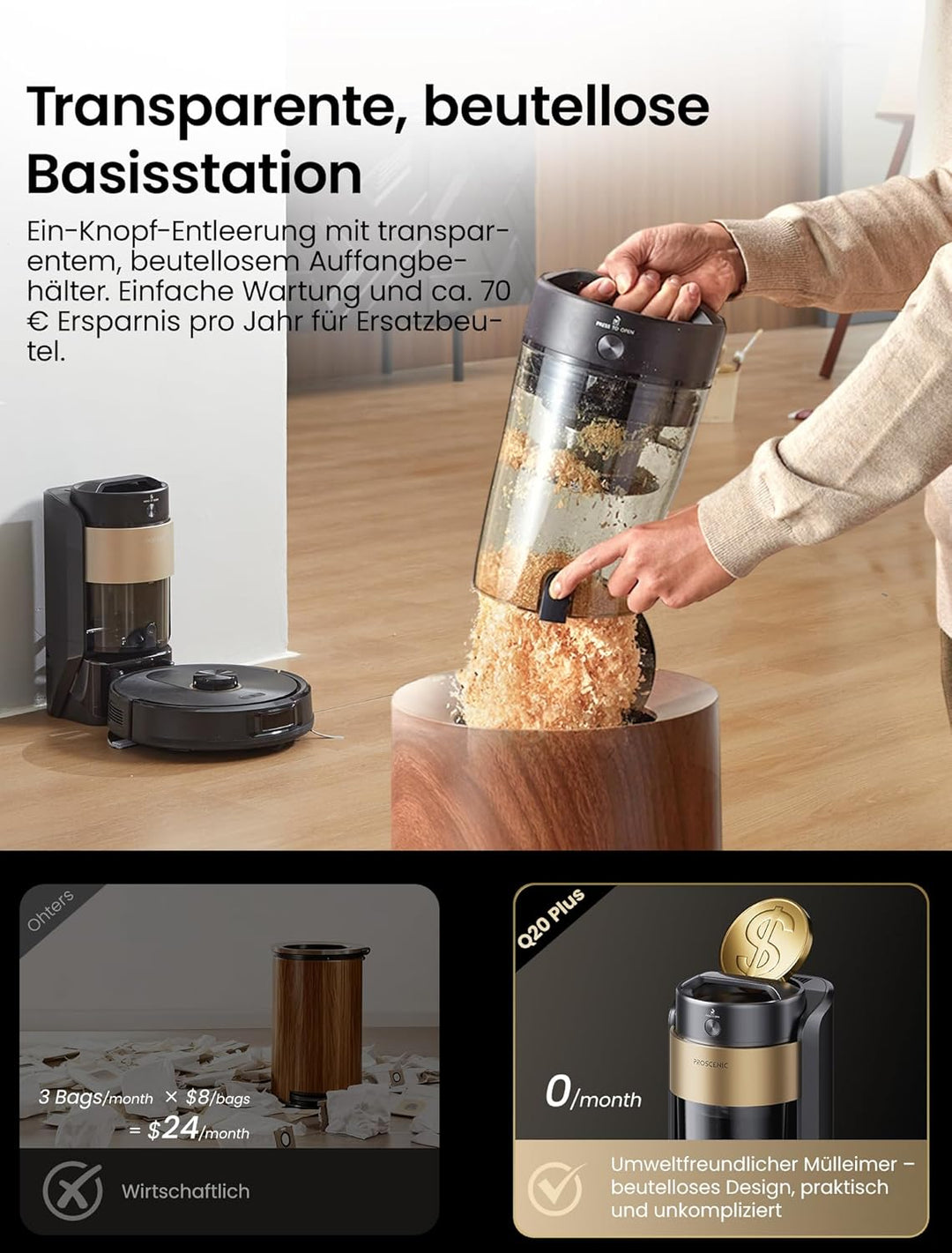 Proscenic Q20Plus Saugroboter mit Wischfunktion, 10000Pa 200min Staubsauger Roboter mit Beutellose E