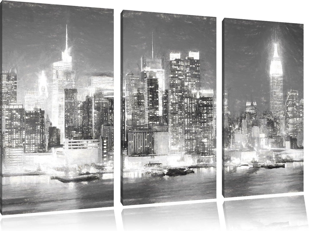 Pixxprint New York City Skyline bei Nacht Kohle Effekt 3-Teiler Leinwandbild 120x80 Bild auf Leinwan