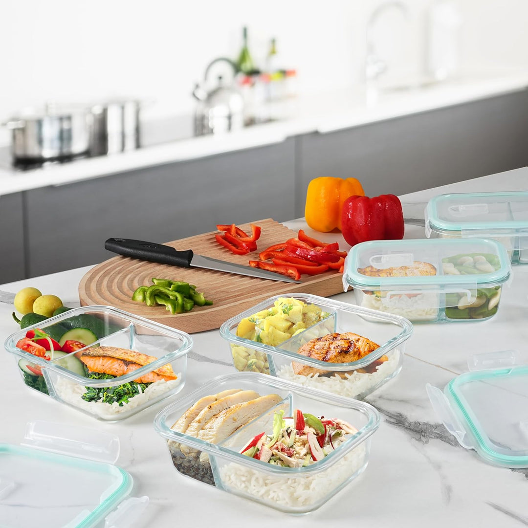 Winter Shore Meal Prep Boxen Glas mit 2 Fächern (5er-Pack) - Lebensmittelsichere, BPA-Freie, Auslauf